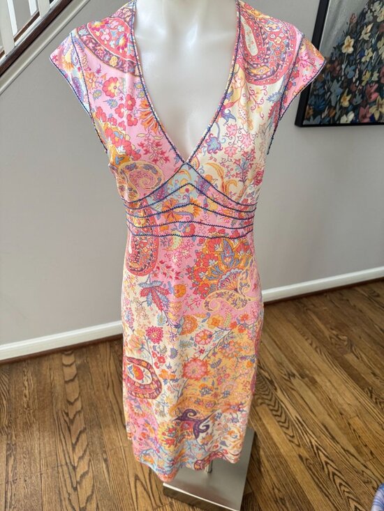 Etro Dresses & Skirts - ETRO Y2K floral print babydoll v neck midi dress pink paisley size 44 / 8